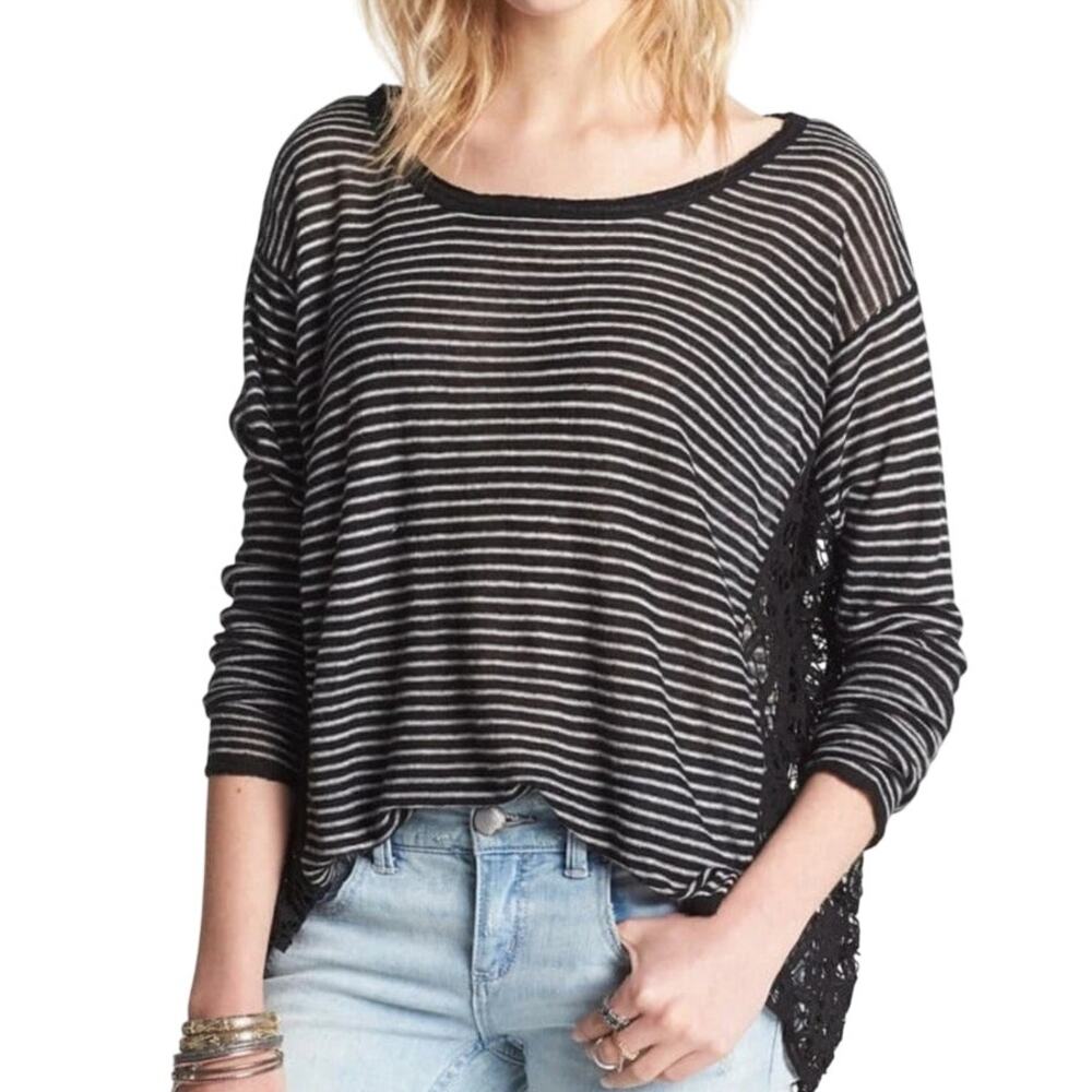 Free People Love Me Do Black Stripe Top XS Linen Crochet Lace Trim Relaxed Boho